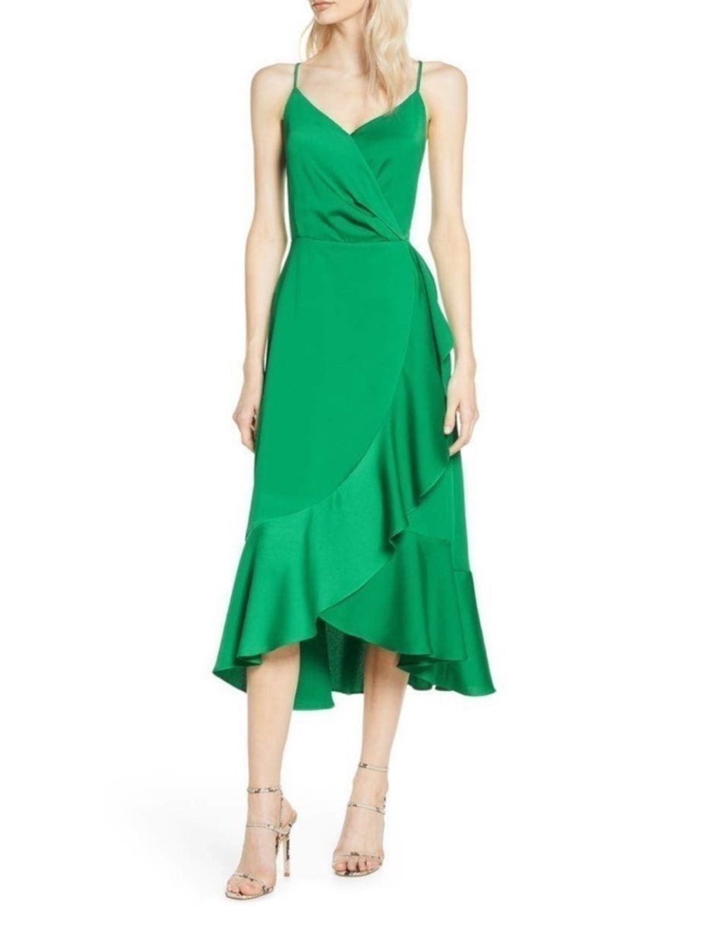CHELSEA28 Green Drape A-Line Ruffle V-Neck Faux Wrap Midi Dress M Nordstrom